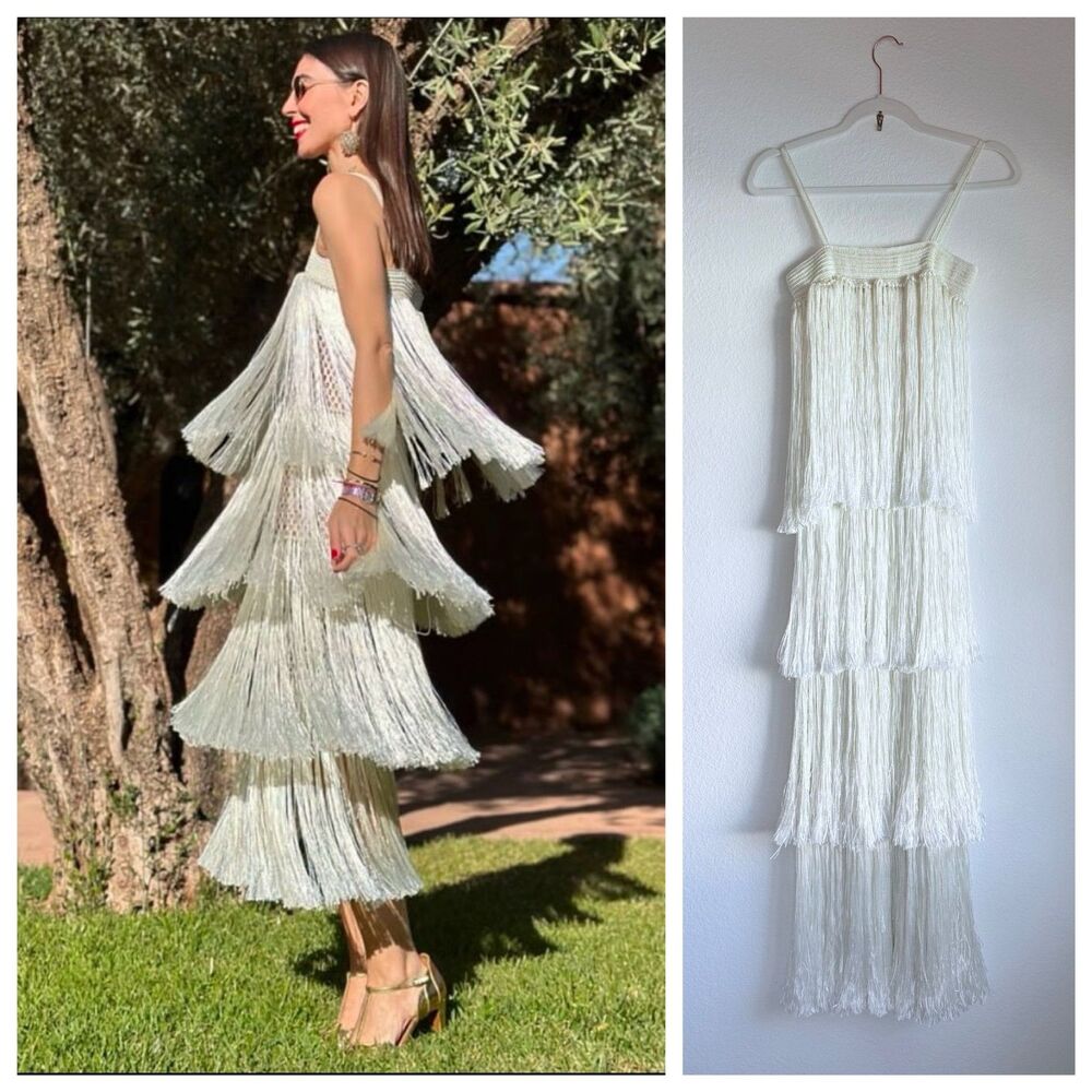 NWT My Beachy Side Angelica Hand Crocheted Fringe Dress in Ivory Size XS-S